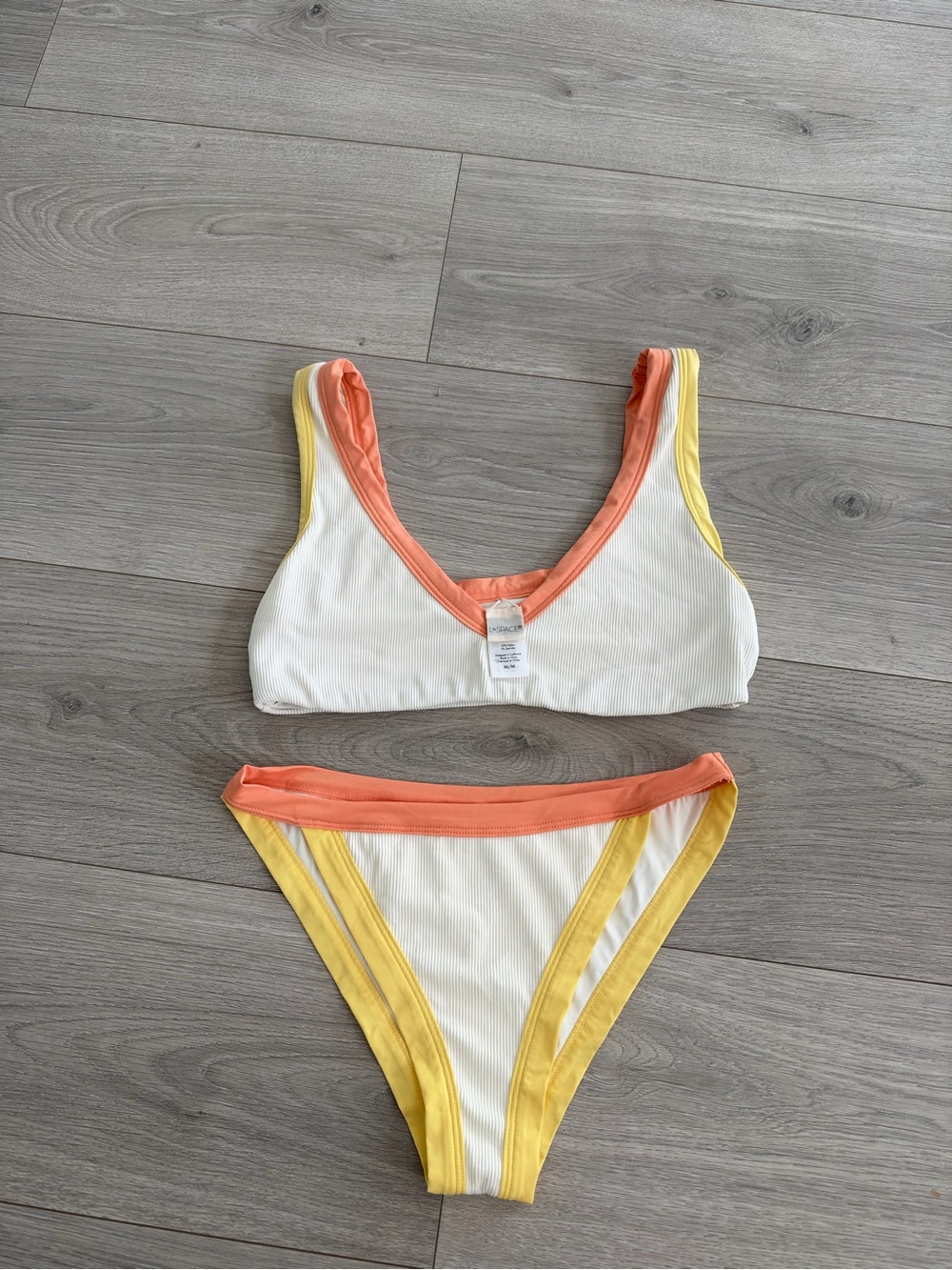 l*space White Ribbed Bikini with Coral and Yellow Trim